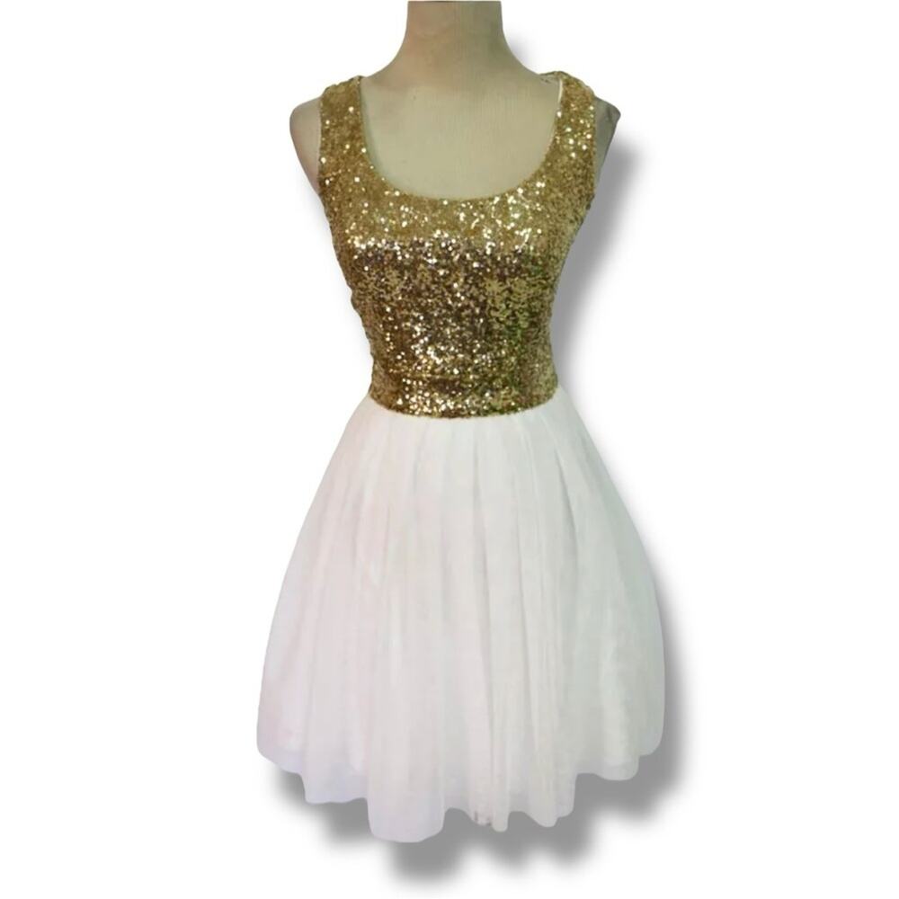Windsor gold sequined tulle cocktail dress size 7 / 8 - Picture 2 of 12
